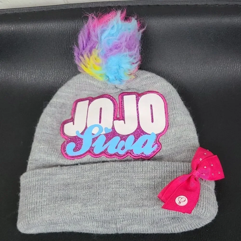JoJo Siwa Beanie Girls Gray Rainbow Pom Pink Bow Glitter Nickelodeon Y2K Hat